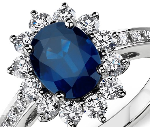 Anello di fidanzamento in Oro Bianco Diamanti e Zaffiro Blu modello Lady  Diana - Kake Middleton